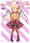  1girl absurdres alternate_costume bat_(animal) bat_hair_ornament blonde_hair blush bow candy chinese_commentary closed_eyes clothing_request commentary_request crystal flandre_scarlet food footwear_bow hair_ornament halloween halloween_costume hat highres holding holding_food holding_pumpkin holding_vegetable jack-o&#039;-lantern long_sleeves multicolored_wings no_headwear one_side_up open_mouth orange_bow piaoluo_de_ying_huaban pumpkin red_bow red_nails side_ponytail smile solo star_(symbol) striped_background striped_clothes striped_thighhighs thighhighs touhou vegetable wings witch_hat 