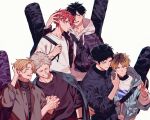  6+boys artist_name black_hair black_shirt blonde_hair blue_eyes blue_jacket coat coat_on_shoulders collared_shirt couple ear_piercing given guitar_case hand_on_another&#039;s_head highres holding_hands instrument_case jacket jacket_over_hoodie kaji_akihiko kashima_hiiragi_(given) long_sleeves mouth_piercing multicolored_hair multiple_boys nakayama_haruki piercing red_hair satou_mafuyu shirt signature simple_background streaked_hair sweater teeth tikklil uenoyama_ritsuka upper_body v white_background white_sweater yagi_shizusumi_(given) yaoi 