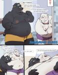 2024 absurd_res anthro bear belly belly_grab big_belly blush bottomwear bulge clothing comic dialogue duo english_text hi_res kemono male male/male mammal moobs navel nipples overweight overweight_male qqmelon888 shorts swimwear text