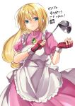  1girl absurdres apron back_bow blonde_hair blue_eyes bow closed_mouth cowboy_shot dress fingerless_gloves frilled_apron frills gloves head_tilt highres holding holding_ladle ladle lilith_aileron long_hair looking_at_viewer low-tied_long_hair mugen_no_sudadokei pink_dress red_gloves signature simple_background smile solo standing tales_of_(series) tales_of_destiny white_apron white_background white_bow 