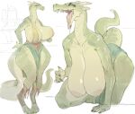 all_fours anthro big_breasts bottomwear breasts claws cleavage clothed clothing dragon female glistening glistening_body green_body hanging_breasts horn huge_breasts loincloth long_tail mostly_nude mythological_creature mythological_scalie mythology nipples open_mouth reptilian_orbit scalie simple_background sketch solo standing tail thick_thighs tongue white_background wide_hips