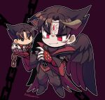  2boys black_eyes black_hair black_pants black_wings chain closed_mouth devil_jin fingernails forehead_jewel full_body gloves grey_horns horns in_palm kazama_jin kotorai male_focus multiple_boys no_nose outline pants purple_background red_eyes red_gloves short_hair smile studded_gloves sweatdrop tekken v-shaped_eyebrows white_outline wings 