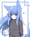  1girl absurdres animal_ear_fluff animal_ears arm_behind_back arm_grab black_jacket blue_background blue_hair blush breasts closed_mouth commentary_request fang fang_out floating_hair fox_ears fox_girl fox_tail heart highres jacket kuronagi_(mitora_uwu) long_hair looking_at_viewer original purple_eyes small_breasts smile solo tail track_jacket two-tone_background upper_body very_long_hair white_background 