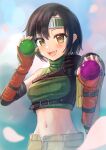  1girl :d absurdres armor blue_sky blurry blurry_background blush breasts brown_eyes brown_hair brown_shorts cloud cloudy_sky crop_top depth_of_field elbow_gloves falling_petals fangs final_fantasy final_fantasy_vii forehead_protector gloves green_headband green_sweater groin headband highres holding honda_dousuiyuu looking_at_viewer materia medium_breasts midriff navel open_fly open_mouth orange_gloves outdoors pauldrons petals pink_petals ribbed_sweater short_hair shorts shoulder_armor single_bare_shoulder single_pauldron sky sleeveless sleeveless_turtleneck smile solo sweater turtleneck turtleneck_sweater upper_body yuffie_kisaragi 