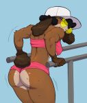 anthro back_muscles bandeau black_hair bodily_fluids brown_body brown_fur butt canid canine canis clothing cotton_tail domestic_dog exercise eyewear female flexing fluffy fluffy_tail fur hair hi_res kinhey long_ears mammal muscular muscular_anthro muscular_female nipple_outline poodle rear_view solo sunglasses sweat tail topwear vein veiny_muscles workout