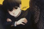  1boy bell7545 black_cloak black_hair black_wings cloak closed_mouth crossed_arms feathered_wings gakuran highres long_sleeves looking_at_viewer male_focus original school_uniform short_hair signature simple_background solo twitter_username upper_body wings wings_through_clothes yellow_background 