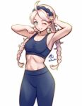  1girl absurdres ahoge arms_up blue_eyes blue_hairband blue_sports_bra braid breasts commission commissioner_upload fire_emblem fire_emblem_fates grey_hair hairband highres light_smile long_hair looking_at_viewer low_twin_braids low_twintails medium_breasts midriff navel nina_(fire_emblem) one_eye_closed pants parted_bangs rotomdocs sports_bra sportswear twin_braids twintails upper_body yoga_pants 