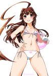  ahoge animal_print ass_visible_through_thighs bear_print bikini brown_eyes brown_hair cowboy_shot flat_chest from_below front-tie_top hand_on_hip highres huge_ahoge inflatable_toy kantai_collection kuma_(kantai_collection) long_hair looking_at_viewer print_bikini side-tie_bikini simple_background smile sogabe_toshinori solo swimsuit twitter_username white_background white_bikini 