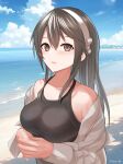  1girl absurdres adapted_costume alternate_costume beach black_hair black_one-piece_swimsuit blue_sky blush breasts brown_eyes cloud dangan_kurabu day hairband haruna_(kancolle) highres horizon kantai_collection large_breasts long_hair long_sleeves looking_at_viewer ocean one-piece_swimsuit outdoors sand sky smile solo swimsuit upper_body water 