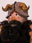  1boy beard blush brown_hair dungeon_meshi dwarf facial_hair fake_horns helmet highres horned_helmet horns long_beard looking_ahead male_focus naruysae portrait senshi_(dungeon_meshi) solo sparkling_aura thick_mustache very_long_beard 