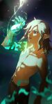  1boy absurdres blue_eyes brown_hair earrings highres jewelry link long_hair looking_at_hand magic male_focus parted_lips pointy_ears solo the_legend_of_zelda the_legend_of_zelda:_tears_of_the_kingdom topless_male yos_(72112764) 