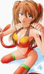  1girl blue_eyes blush breasts brown_hair cleavage dan_da_dan86 hair_between_eyes highres interface_headset long_hair looking_at_viewer medium_breasts navel neon_genesis_evangelion solo souryuu_asuka_langley two_side_up 