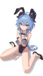  1girl absurdres ahoge alternate_costume animal_ears bare_legs black_footwear black_leotard blue_hair breasts brown_eyes cleavage commentary fake_animal_ears ganyu_(genshin_impact) genshin_impact groin hair_between_eyes highres holding holding_tray horns leotard llami_0 long_hair looking_at_viewer parted_lips rabbit_ears shoes simple_background solo strapless strapless_leotard tray very_long_hair white_background 
