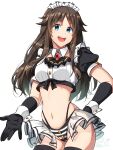  1girl :d alternate_costume black_gloves black_thighhighs blue_eyes brown_hair cowboy_shot enmaided gloves goblin_slayer! groin highres inspector_(goblin_slayer!) kankitukou long_hair looking_at_viewer maid maid_headdress navel open_mouth panties simple_background smile solo striped_clothes striped_panties teeth thighhighs underwear upper_teeth_only white_background 