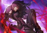  1girl armor bodysuit breasts dual_wielding fate/grand_order fate_(series) gae_bolg_(fate) highres holding holding_polearm holding_weapon impossible_bodysuit impossible_clothes large_breasts long_hair looking_at_viewer pauldrons polearm purple_background purple_bodysuit purple_hair red_eyes scathach_(fate) shoulder_armor solo spear thighs tollrin-senpai weapon 