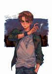  1boy blue_pants blue_shirt brown_hair character_name chinese_commentary cross cross_necklace denim fujiwara_takumi grey_shirt hair_behind_ear hand_in_pocket head_tilt highres initial_d jeans jewelry looking_at_viewer male_focus necklace night night_sky pants shirt sky solo star_(sky) wristband yejian_feixing 