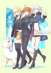  ahoge artoria_pendragon_(all) bag black_dress black_jacket black_ribbon blonde_hair blue_jacket blush boots casual cavall_the_2nd coat coffee_cup cup disposable_cup dog dress drinking fate/grand_order fate_(series) food formal fujimaru_ritsuka_(female) full_body fur-trimmed_coat fur-trimmed_jacket fur-trimmed_sleeves fur_collar fur_trim girl_sandwich halyou hamburger holding holding_cup jacket jeanne_d'arc_(alter)_(fate) jeanne_d'arc_(fate)_(all) jewelry knee_boots leash low_ponytail multiple_girls necklace necktie open_clothes open_coat open_jacket open_mouth orange_hair pant_suit pants paper_bag ponytail ribbon saber_alter sandwiched shopping_bag short_dress short_hair shorts smile suit thigh_boots thighhighs wicked_dragon_witch_ver._shinjuku_1999 yellow_eyes zettai_ryouiki 