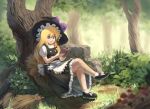  black_footwear black_skirt blonde_hair bow broom flower hat kirisame_marisa leaf nature purple_bow raised_eyebrows reading relaxing satellitedragon sitting skirt smile touhou tree white_bow witch witch_hat yellow_eyes 