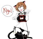  1girl :3 animal_ears bell black_panties black_thighhighs bob_cut brown_eyes cat_cutout cat_ears cat_girl cat_lingerie cat_tail cleavage_cutout clothing_cutout collar cowboy_shot english_commentary fake_animal_ears fake_tail jingle_bell meiko_(vocaloid) meme_attire messy_hair neck_bell open_mouth panties paw_pose romaji_text ryllen simple_background sketch solo speech_bubble tail teeth thighhighs underwear upper_teeth_only vocaloid 