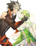 1boy 1girl black_hair breasts cleavage couple elf elsword grand_archer_(elsword) green_eyes green_hair large_breasts long_hair mechanical_arms multicolored_hair nan_(nanyayyay) open_mouth pointy_ears raven_cronwell reckless_fist_(elsword) rena_erindel scar single_mechanical_arm smile spiked_hair two-tone_hair white_hair yellow_eyes 