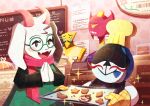  2boys 2others :&gt; :d :p absurdres animal_ears bakery blue_tongue body_fur chalkboard chef_hat closed_eyes colored_tongue commentary_request cookie counter crying deltarune facial_hair facing_viewer fangs floppy_ears food from_side furry furry_male glasses gloves goat_boy goat_ears goat_horns green-framed_eyewear hat highres holding holding_tray horns indoors lancer_(deltarune) looking_at_another male_focus malius_(deltarune) multiple_boys multiple_others mustache no_eyes open_mouth oven_mitts own_hands_together pink_eyes pink_scarf ralsei round_eyewear scarf shop skin_fangs smile spade_(shape) sparkle streaming_tears tears tongue tongue_out top_chef_(deltarune) tray upper_body watawata22 white_fur yellow_gloves yellow_headwear 
