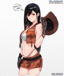  1girl bare_shoulders belt belt_buckle black_hair bracelet breasts brown_gloves brown_headwear brown_skirt brown_vest buckle cesar_art456 character_name closed_mouth collarbone commentary copyright_name cowboy_hat cowboy_shot crisis_core_final_fantasy_vii crop_top cropped_legs earrings english_commentary english_text final_fantasy final_fantasy_vii final_fantasy_vii_rebirth final_fantasy_vii_remake gloves gradient_background hair_between_eyes hand_up hat heart highres jewelry long_hair looking_at_viewer midriff navel official_alternate_costume pink_lips red_eyes single_earring skirt solo speech_bubble tifa_lockhart tifa_lockhart_(cowgirl) unworn_hat unworn_headwear vest 