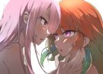 2girls ayumu_(ayumu3659) blush breasts earrings feather_earrings feathers gradient_hair green_hair hololive hololive_english imminent_kiss jewelry long_hair looking_at_another mori_calliope multicolored_hair multiple_girls open_mouth orange_hair pink_hair portrait purple_eyes takanashi_kiara virtual_youtuber 