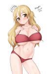  1girl absurdres bikini blonde_hair braid breasts brown_eyes cleavage contrapposto dated french_braid hat highres kantai_collection large_breasts long_hair maru_(marg0613) mini_hat one-hour_drawing_challenge one_side_up red_bikini simple_background solo swimsuit twitter_username wavy_hair white_background white_headwear zara_(kancolle) 