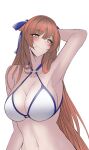  1girl arm_on_own_head arm_up armpits bare_shoulders bikini breasts cleavage collarbone girls&#039;_frontline hair_ribbon hair_rings highres large_breasts long_hair looking_at_viewer non-web_source o-ring o-ring_bikini o-ring_top official_alternate_costume orange_eyes orange_hair ribbon sarong solo springfield_(girls&#039;_frontline) springfield_(stirring_mermaid)_(girls&#039;_frontline) stomach swavigg swimsuit white_bikini 