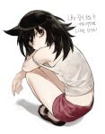  1girl absurdres back bags_under_eyes black_hair green_eyes highres korean_text kuroki_tomoko long_hair messy_hair p_(pm_611a) sandals shorts simple_background squatting tank_top watashi_ga_motenai_no_wa_dou_kangaetemo_omaera_ga_warui! white_background 