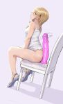  1girl absurdres after_masturbation ass awesomeerix blonde_hair blue_eyes blush chair dildo dress highres huge_dildo kingdom_hearts kingdom_hearts_chain_of_memories medium_hair namine no_panties pussy_juice sandals sex_toy short_dress simple_background sitting solo sweat 