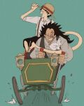  &gt;:) 2boys adjusting_clothes adjusting_headwear aqua_background ascot black_hair black_shorts black_vest closed_eyes driving facial_tattoo father_and_son frilled_sleeves frills grey_shirt hat highres long_hair minecart monkey_d._dragon monkey_d._luffy multiple_boys one_piece open_mouth scar scar_on_cheek scar_on_face shirt shorts sleeves_rolled_up straw_hat stretched_limb suspenders tattoo teeth v-shaped_eyebrows vest white_ascot white_shirt widow&#039;s_peak 