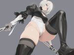  1girl 2b_(nier:automata) black_hairband black_shirt black_thighhighs boots breasts cleavage cleavage_cutout closed_mouth clothing_cutout dual_wielding from_below grey_background grey_eyes hairband highleg highleg_leotard highres holding holding_sword holding_weapon juliet_sleeves large_breasts leotard long_sleeves looking_at_viewer mole mole_under_mouth nier:automata nier_(series) puffy_sleeves shirt short_hair simple_background solo sword thighhighs thighhighs_under_boots thong_leotard weapon white_hair white_leotard yd_(orange_maru) 