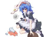  1girl apron black_dress black_footwear blue_hair blush closed_mouth commentary_request cup dress earclip full_body maid medium_hair mifutatsu red_eyes seiran_(touhou) short_sleeves simple_background socks solo spoken_squiggle squatting squiggle teacup teapot touhou white_apron white_background white_socks 