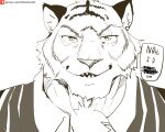  1boy absurdres animal_ears bara comic_panel_redraw derivative_work english_text fortnite furry furry_male greyscale highres jujutsu_kaisen leoandaslan_(leobongnana) looking_at_viewer male_focus mature_male meme monochrome muscular muscular_male nah_i&#039;d_win_(meme) open_mouth oscar_(fortnite) portrait promotional_art scribble sketch smile smug solo speech_bubble thick_eyebrows thick_neck tiger_boy tiger_ears white_background 