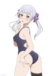  1girl :o absurdres ass ass_grab ass_support black_clover black_thighhighs blue_one-piece_swimsuit blush breasts collarbone competition_swimsuit coro_fae cowboy_shot fanbox_username from_behind grabbing_own_ass grey_hair hair_ribbon highleg highleg_swimsuit highres long_hair looking_at_viewer looking_back medium_breasts noelle_silva one-piece_swimsuit open_mouth purple_eyes purple_ribbon racerback ribbon simple_background single_thighhigh skindentation smile solo swimsuit thighhighs thighs twintails twitter_username white_background 