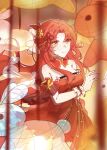  1girl bare_shoulders blurry blurry_background breasts closed_mouth detached_sleeves dress flower hair_ornament highres honkai_(series) honkai_impact_3rd lan_yi_long_yu lantern large_breasts long_hair looking_at_viewer murata_himeko paper_lantern red_dress red_flower red_hair red_rose rose smile solo very_long_hair yellow_eyes 