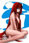  1girl absurdres aozaki_aoko between_legs blue_background blue_eyes breasts closed_mouth completely_nude english_commentary fukou hair_between_eyes hair_intakes hair_over_breasts hand_between_legs highres large_breasts long_hair looking_at_viewer mahou_tsukai_no_yoru nude red_hair simple_background sitting solo tsukihime two-tone_background white_background yokozuwari 