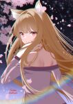  1girl absurdres animal_ears bare_shoulders blonde_hair cherry_blossoms closed_mouth dress from_behind hand_in_own_hair highres holo long_hair looking_at_viewer looking_back purple_dress red_eyes solo spice_and_wolf strapless strapless_dress twitter_username wolf_ears wolf_girl xueli_shimazaki 