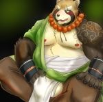  2018 anthro balls belly blush brown_fur bulge canine clothed clothing fundoshi fur gyobu japanese_clothing male mammal moobs nipples overweight overweight_male scar solo tanuki tokyo_afterschool_summoners underwear whitedusk 