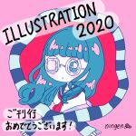  1girl 2020 artist_name blue_eyes blue_hair blue_sailor_collar blush eyepatch glasses illustration.media long_hair looking_at_viewer neckerchief ningen-sousaku portrait red_background red_neckerchief round_eyewear sailor_collar scarf shirt solo striped_clothes striped_scarf white_shirt 