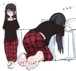  ... 1girl against_bed barefoot black_hair black_nails black_shirt brown_eyes character_request copyright_request highres leaning_on_object long_hair nail_polish on_bed pajamas pants plaid plaid_pants red_pants sero4308 shirt sleepy soles toenail_polish toenails toes zzz 