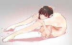  1girl barefoot black_hair blunt_bangs breasts chest_stand contortion flexible full_body gradient_background highres holding_legs looking_at_viewer nude original short_hair simple_background solo thighs zemzeq 