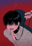  1boy arms_behind_back black_hair black_leash clenched_teeth collared_shirt fangs from_side frown holding holding_leash leaning_forward leash male_focus original red_background saliva_drip sen_46 shirt short_hair simple_background teeth upper_body white_shirt yellow_eyes 