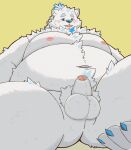 2024 absurd_res anthro balls belly big_belly blush canid canine canis censored domestic_dog genitals hi_res kemono lifewonders live_a_hero male mammal moobs navel nipples overweight overweight_male penis pubes small_penis solo white_body yohack yukumaru3