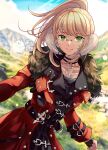  1girl au_ra belt black_choker blonde_hair blue_sky blurry blurry_background choker cloud coat collarbone commission cowboy_shot day dragon_girl dragon_horns final_fantasy final_fantasy_xiv fur-trimmed_coat fur_trim glasses green_eyes highres horn_ornament horn_ring horns kudoukudokudo long_sleeves looking_at_viewer medium_hair mountainous_horizon multiple_belts outdoors pendant_choker ponytail red_coat scales skeb_commission sky smile solo standing warrior_of_light_(ff14) 