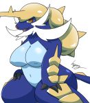  anthro anthrofied big_breasts blue_body breasts claws eyelashes female gearfactory horn mammal navel nintendo nude open_mouth pok&eacute;mon pok&eacute;mon_(species) samurott simple_background sitting smile solo thick_thighs video_games 