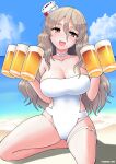  1girl alcohol bare_arms bare_legs bare_shoulders beach beer beer_mug blush breasts brown_eyes choker cleavage collarbone cup cypress day hair_between_eyes hat holding holding_cup kantai_collection large_breasts light_brown_hair long_hair looking_at_viewer mug ocean one-piece_swimsuit open_mouth outdoors pola_(kancolle) smile solo swimsuit thigh_strap twitter_username white_choker white_hat white_one-piece_swimsuit 
