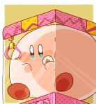  blue_eyes blush blush_stickers border bright_pupils colored_skin commentary_request crane_game creature dot_mouth holding iroiro_(1616k_iro) kirby kirby_(series) no_humans pink_skin simple_background solo star_(symbol) star_print white_border yellow_background 