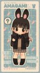  ? amagami animal_ears artist_name ayatsuji_tsukasa black_bow black_bowtie black_eyes black_hair black_jacket black_sailor_collar black_socks blazer blunt_bangs blush bow bowtie carrot character_name chibi closed_mouth copyright_name full_body grey_skirt heart highres holding holding_pen jacket kibito_high_school_uniform long_hair notebook pen pleated_skirt rabbit_ears rabiyamarabi sailor_collar school_uniform skirt socks standing straight_hair sweater yellow_sweater 